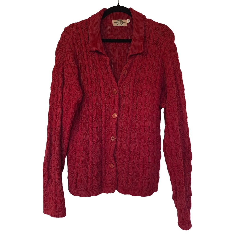 Vintage J. Jill Red 100% Cotton Cable Knit Cardigan Sweater XL Fisherman Cottage